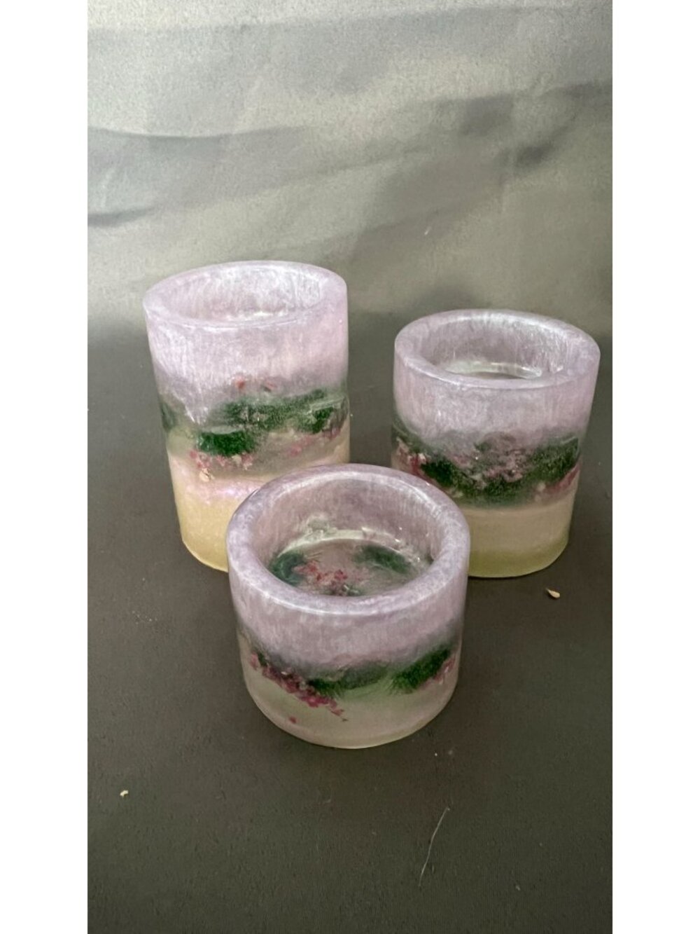 Frosted Resin Candle Holder Trio With Floral Embedded Design